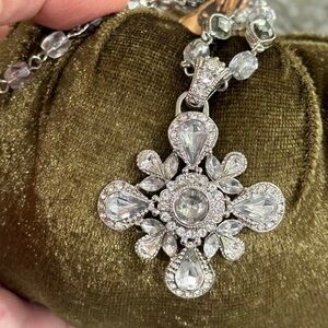 Stunning Silvertone Faceted Smokey Quartz and Rhinestone Necklace